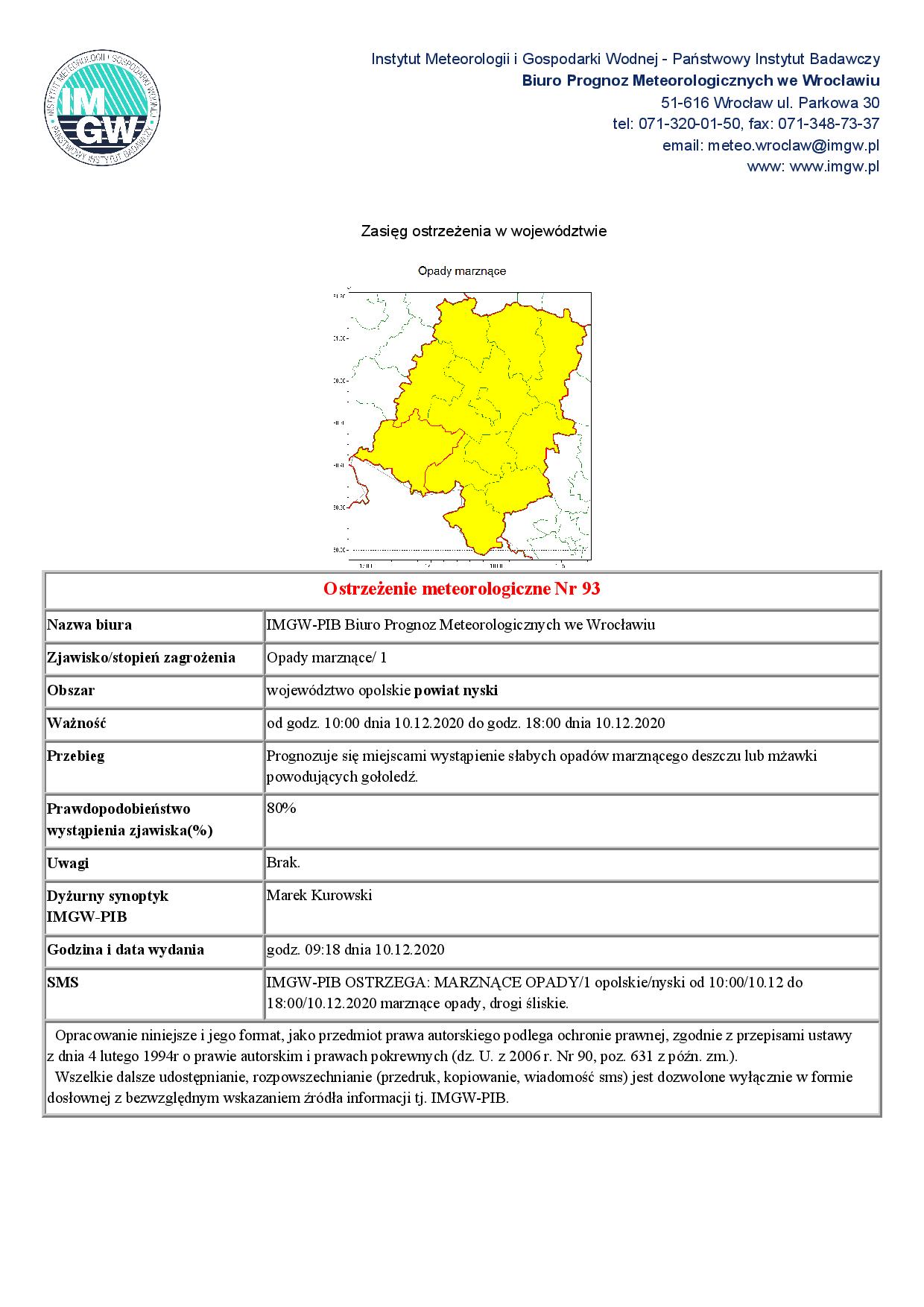 IMGW wydało ostrzeżenie pierwszego stopnia dla naszego województwa dotyczące możliwości wystąpienia zjawiska opadów marznących obowiązujące w dniu dzisiejszym w godzinach od 10.00 do 18.00.