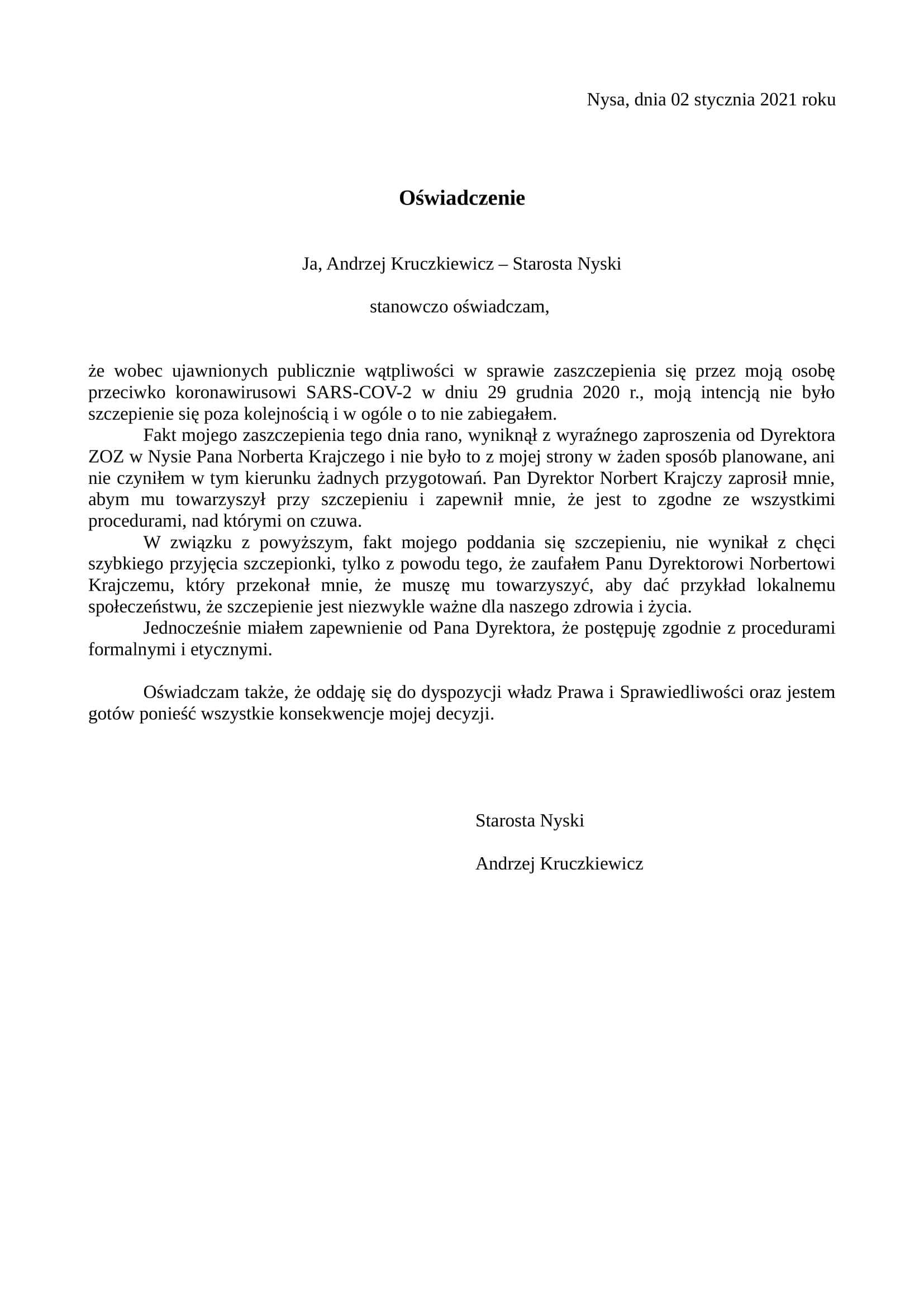 Oświadczenie starosty nyskiego Andrzeja Kruczkiewicza
