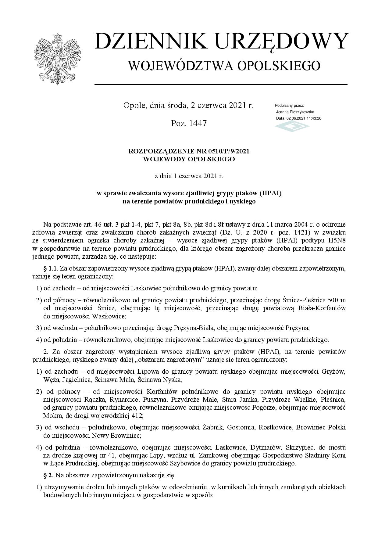 Rozporządzenie Wojewody Opolskiego w sprawie zwalczania wysoce zjadliwiej grypy ptaków