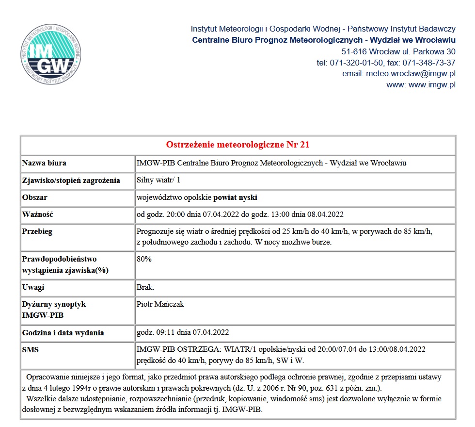 IMGW wydało komunikat pierwszego stopnia dla powiatu nyskiego dotyczący możliwości wystąpienia zjawiska silnego wiatru.