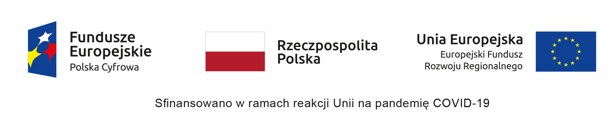 logotypy programu Polska Cygrowa, Flaga RP oraz flaga unijna z podpisem informującym o dofinansowaniu